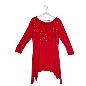 Belldini 3/4 Sleeve Gold Grommet Accent  V-Neck Tunic Top in Red - Sz M